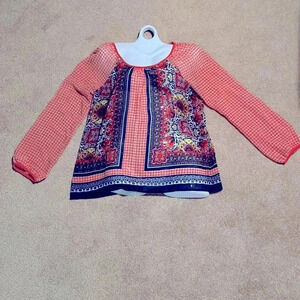 Blu Pepper Orange & Blue Keyhole Back Blouse Top - Sz XL